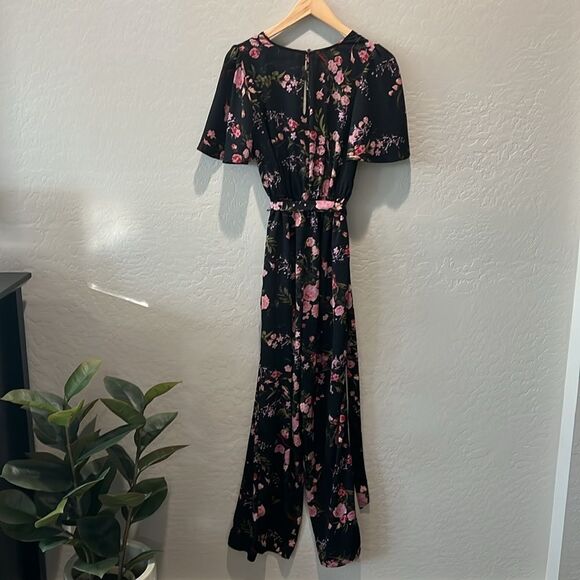 Xhilaration Jumpsuit Faux Wrap Wide Leg Floral Black Pink Short Sleeve Size XS - Picture 7 of 12